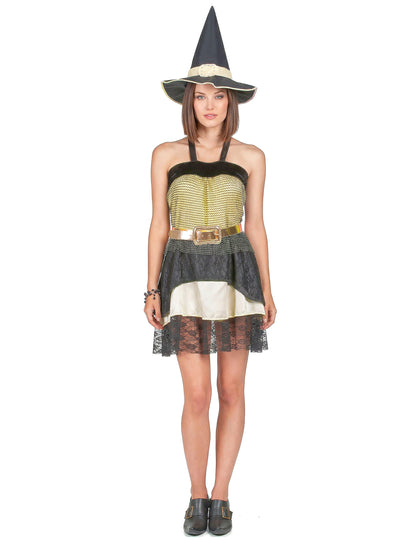 Disfarce bruxa mulher Halloween dourado
