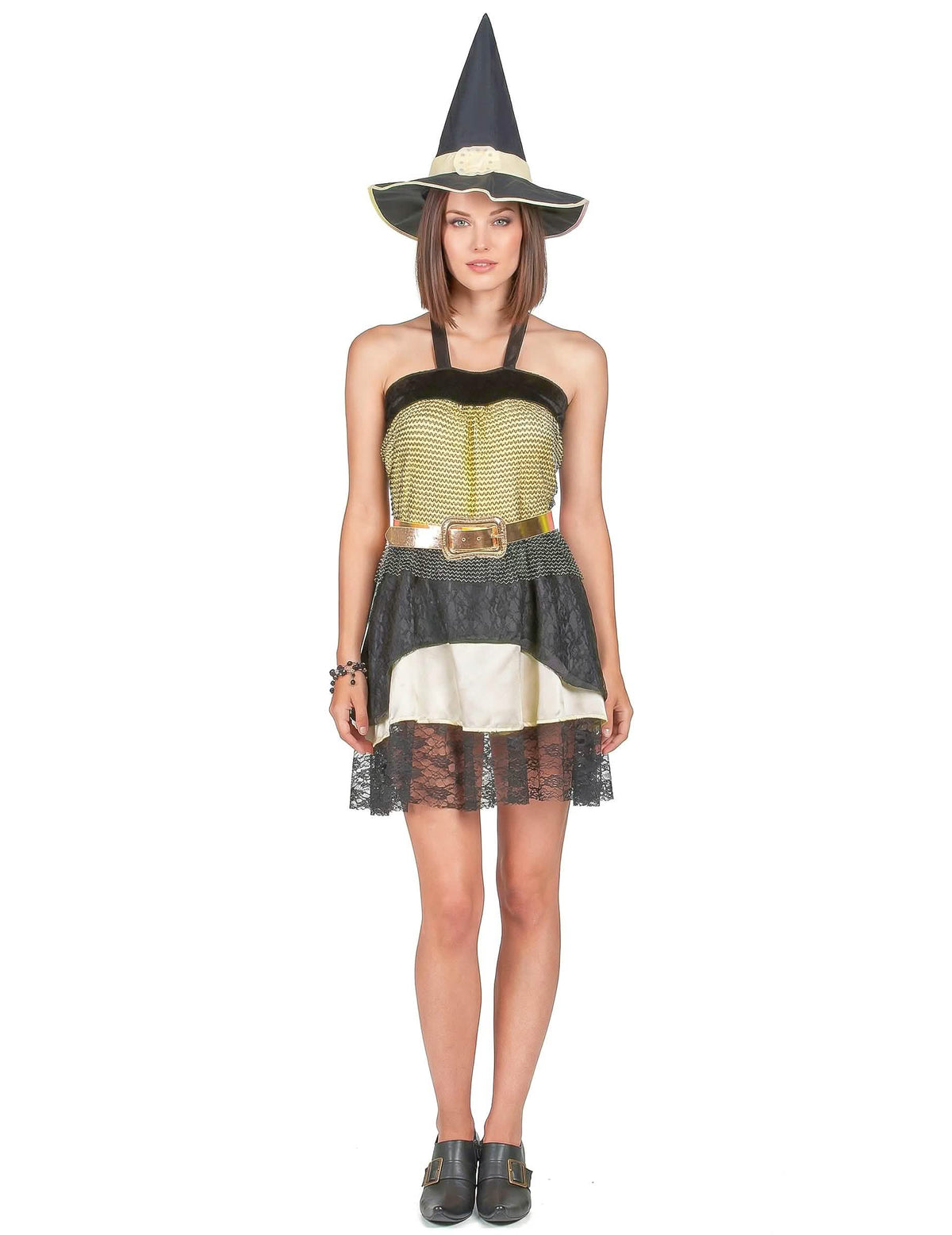 Disfarce bruxa mulher Halloween dourado