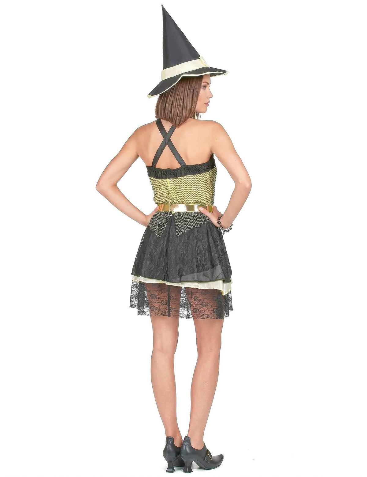 Disfarce bruxa mulher Halloween dourado