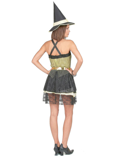 Disfarce bruxa mulher Halloween dourado