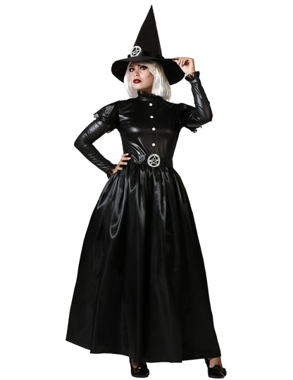 Déguisement sorcière gothique pour femme noire avec chapeau pointu et pentagramme