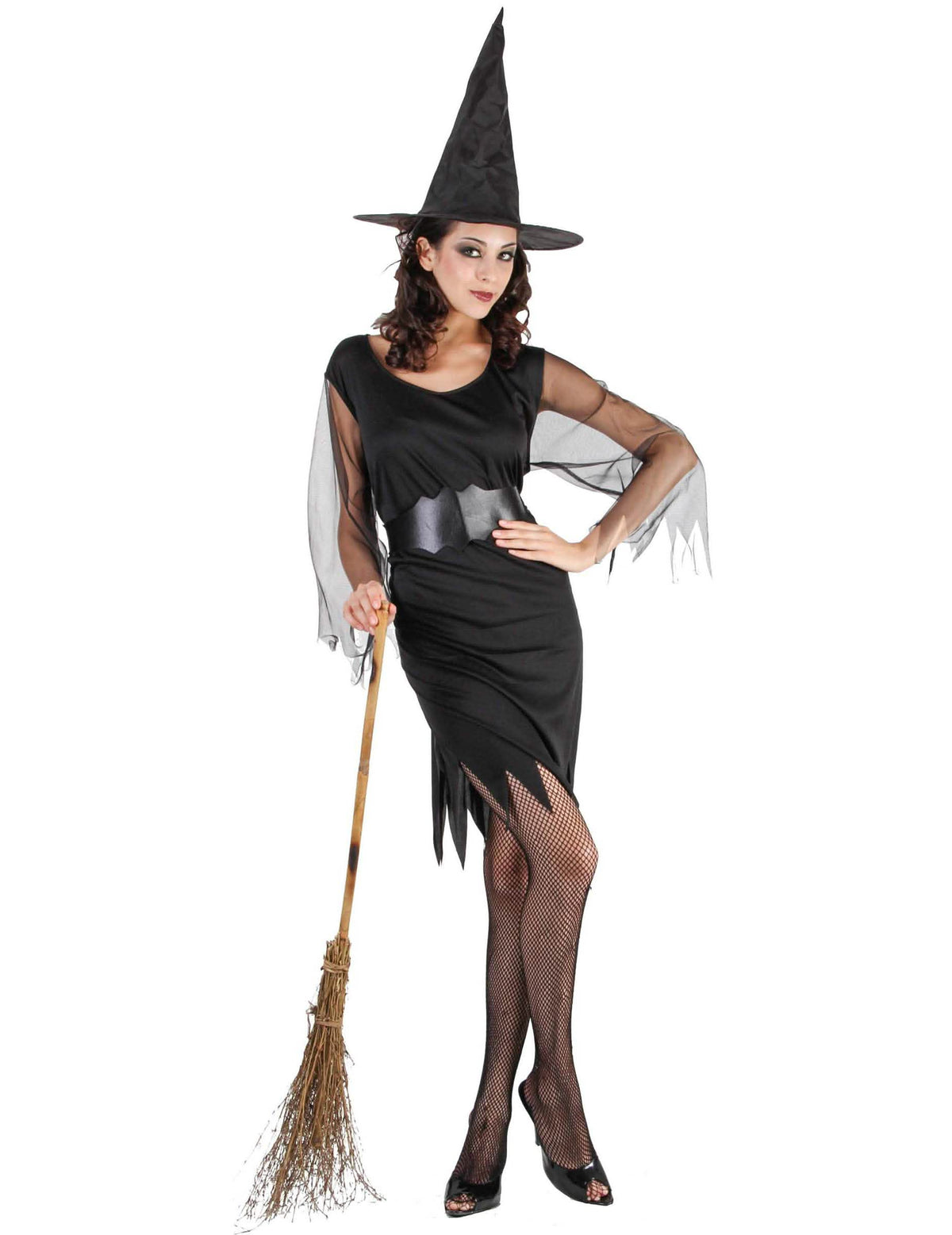 Fato de bruxa para mulher preto com mangas em tule
