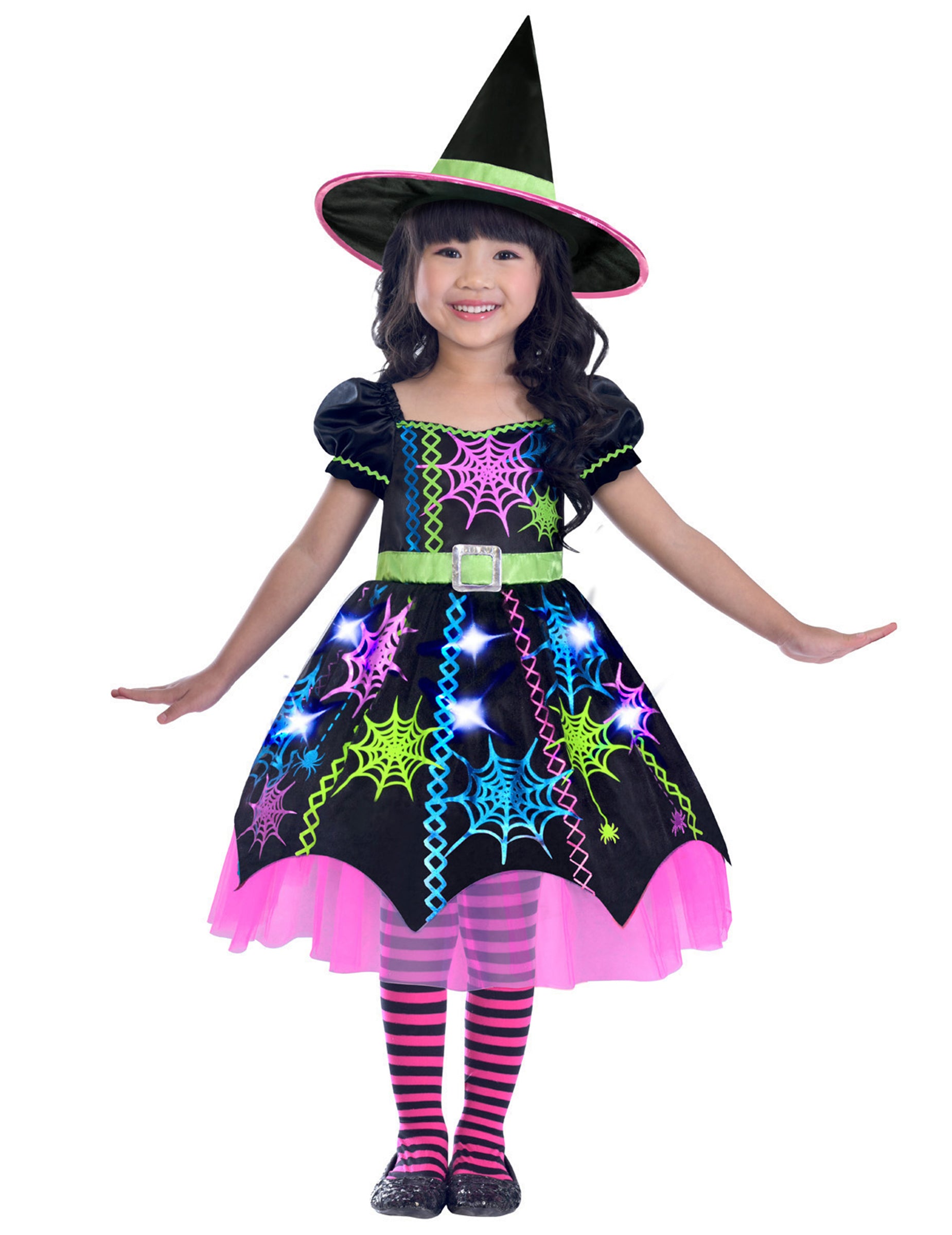 Déguisement sorcière multicolore araignée pour fille noir rose et vert lumineux avec chapeau