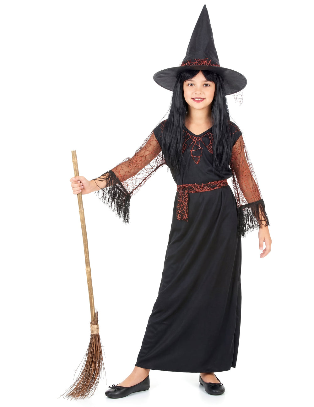 Déguisement de sorcière Halloween pour fille noir avec toiles d'araignée orange et chapeau pointu