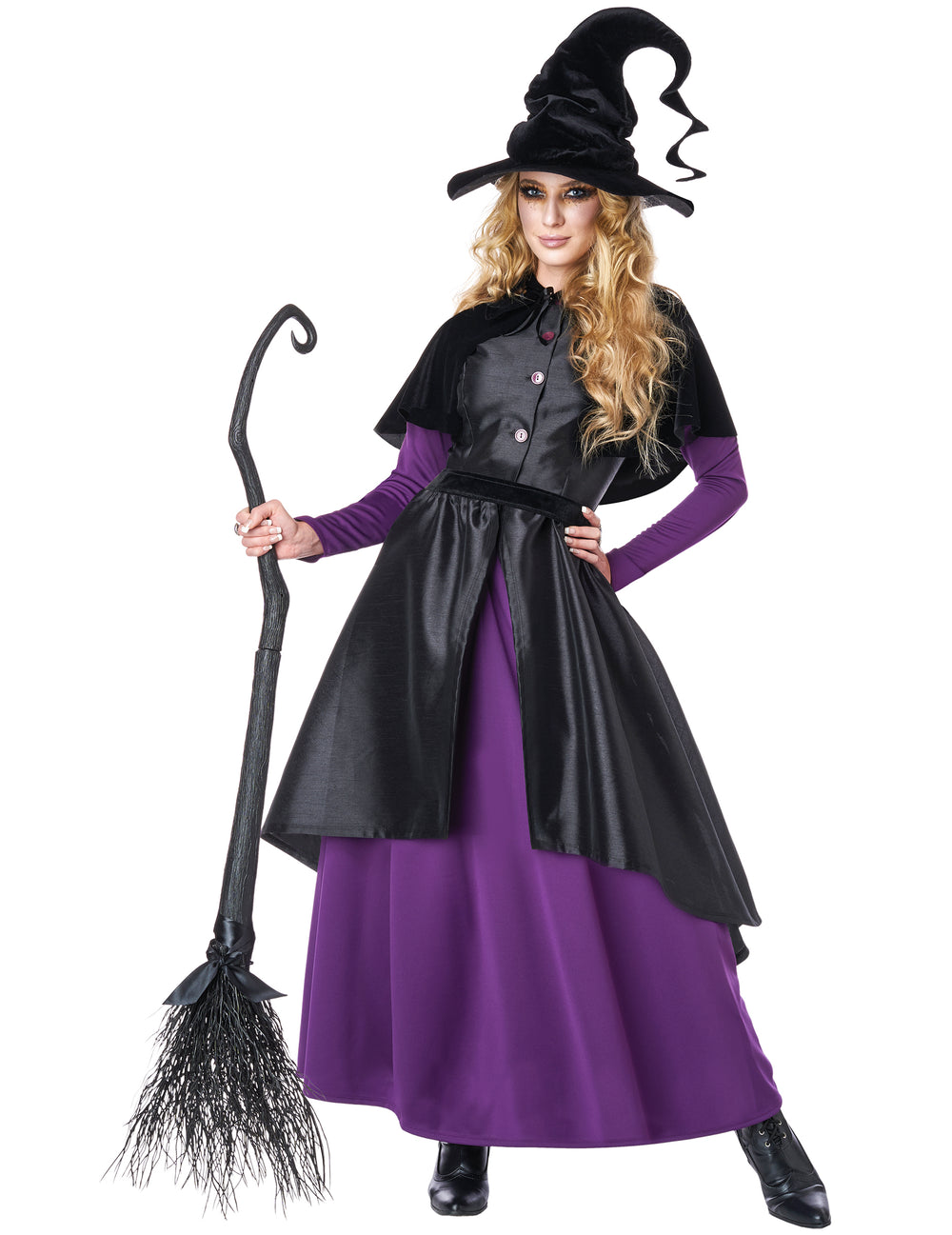 Déguisement de sorcière luxe pour femme noire et violette avec chapeau