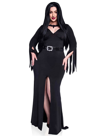 Déguisement de sorcière pour femme noir avec fente et ceinture à boucle