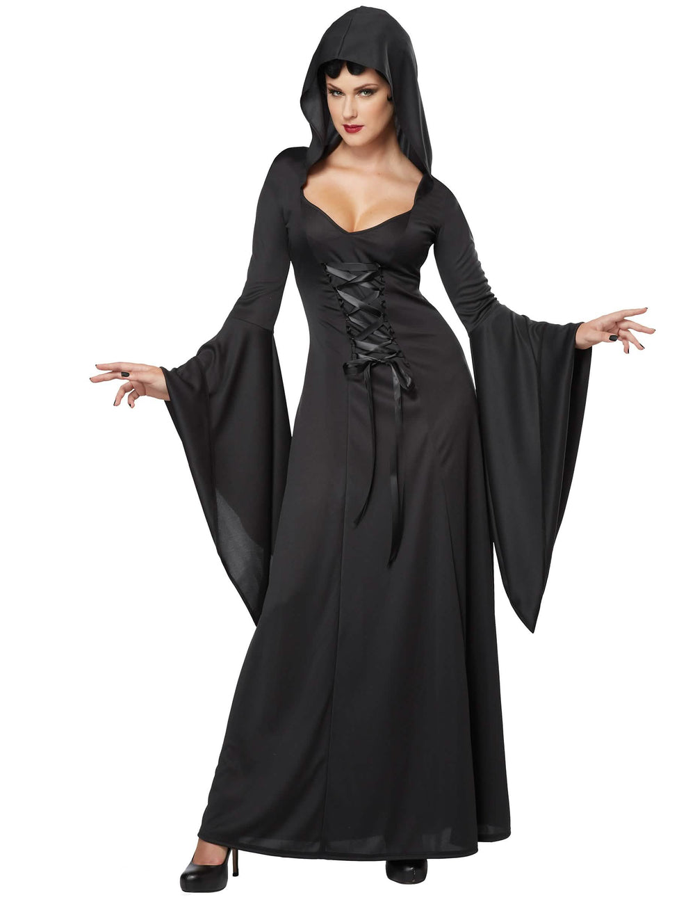 Fato de bruxa negra para mulher halloween com capuz e atacadores