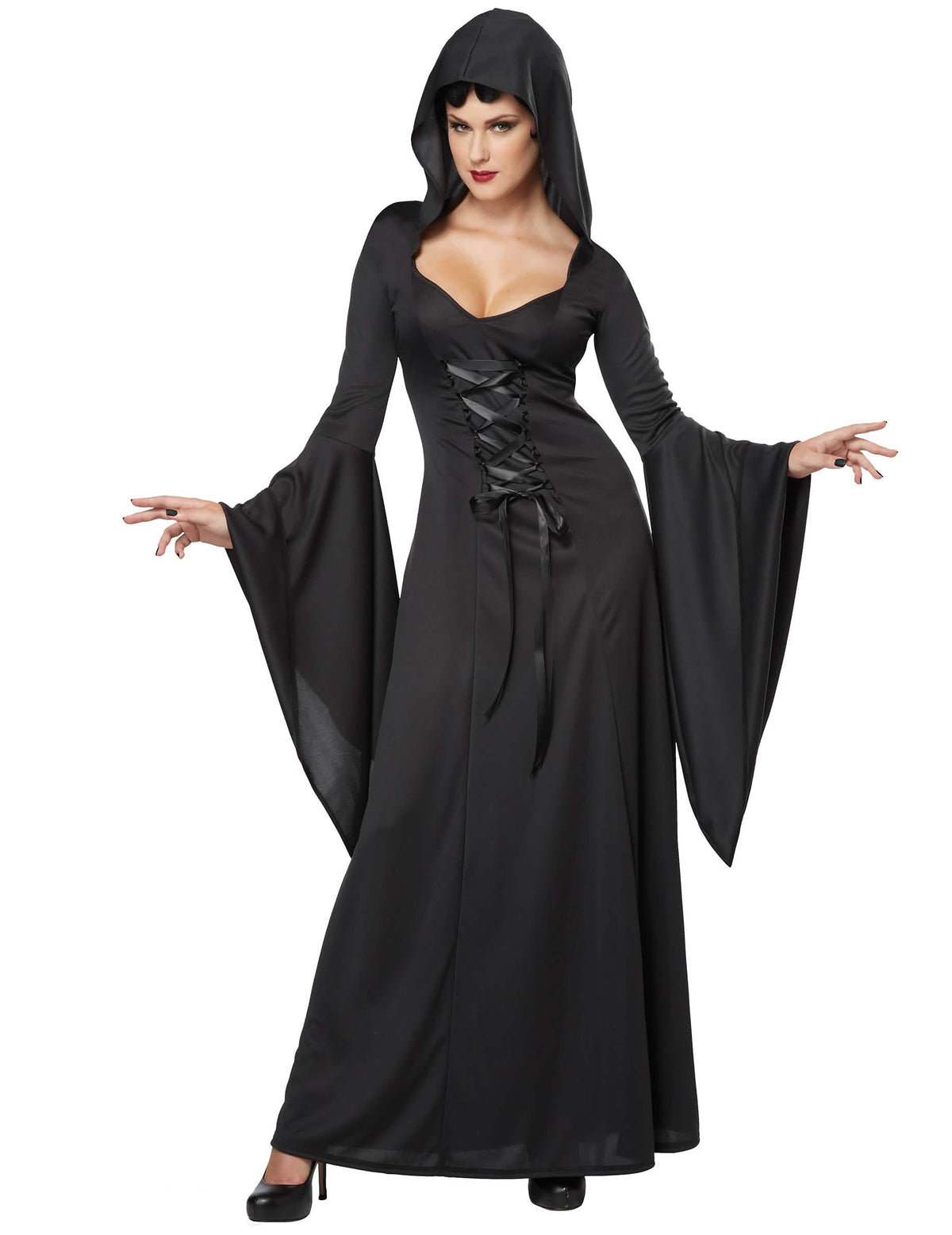 Fato de bruxa negra para mulher halloween com capuz e atacadores