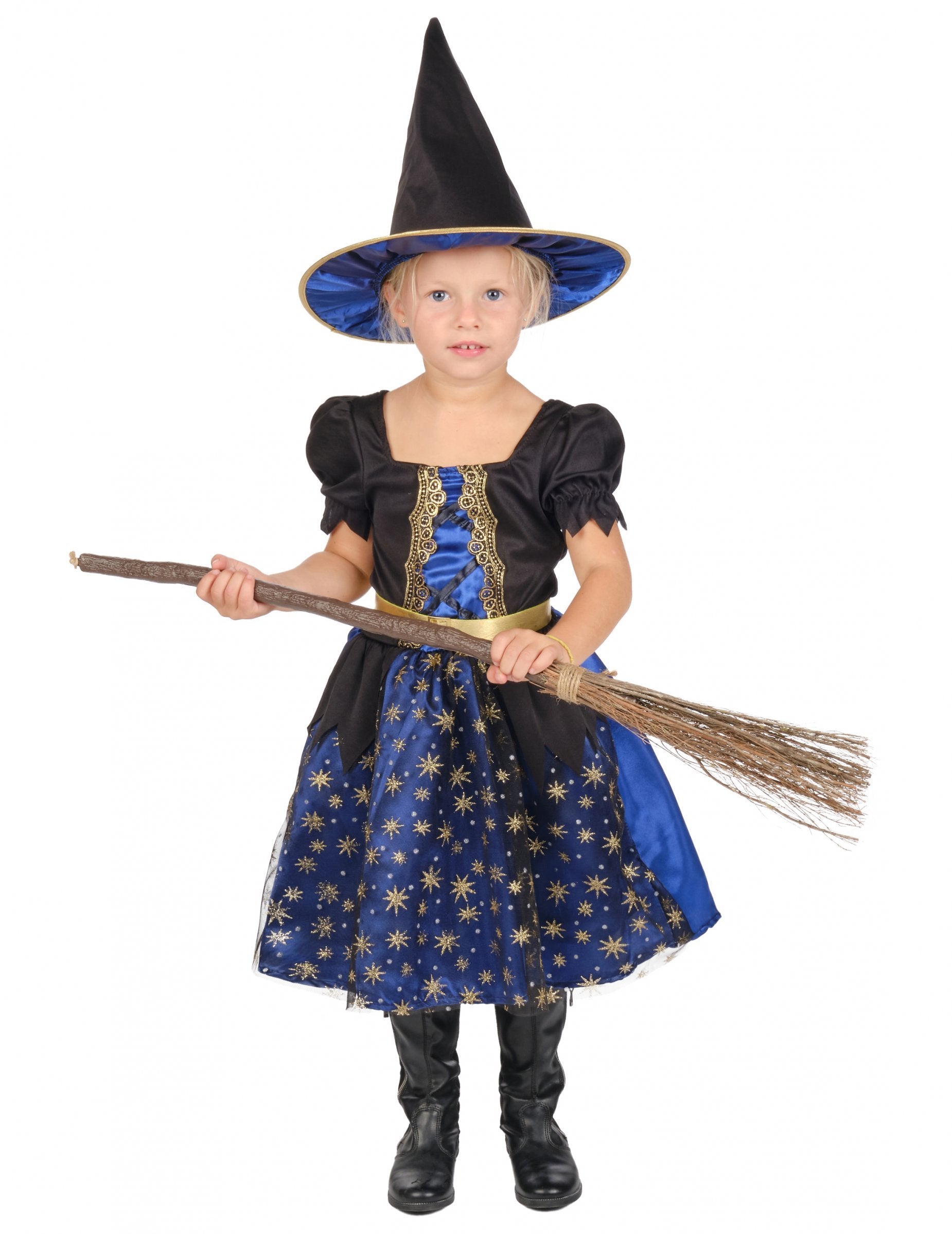 Déguisement de sorcière nuit étoilée pour fille bleu et noir avec chapeau et balai