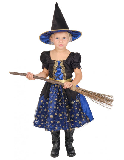 Déguisement de sorcière nuit étoilée pour fille bleu et noir avec chapeau et balai