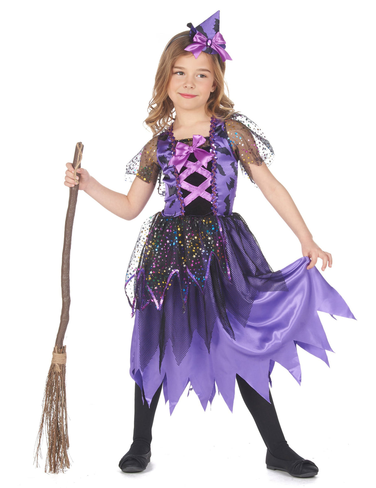 Déguisement de sorcière poussière d'étoiles pour fille violet et noir avec mini chapeau