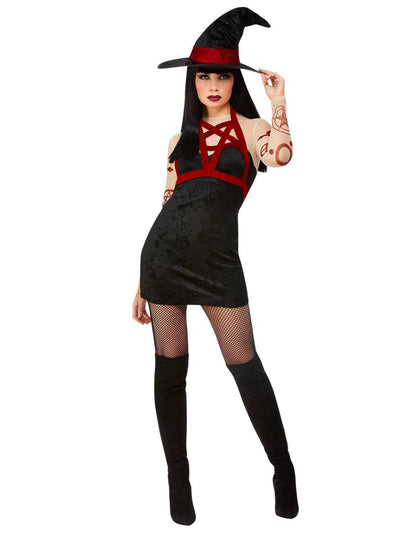 Déguisement de sorcière satanique sexy pour femme noir et rouge avec chapeau pointu