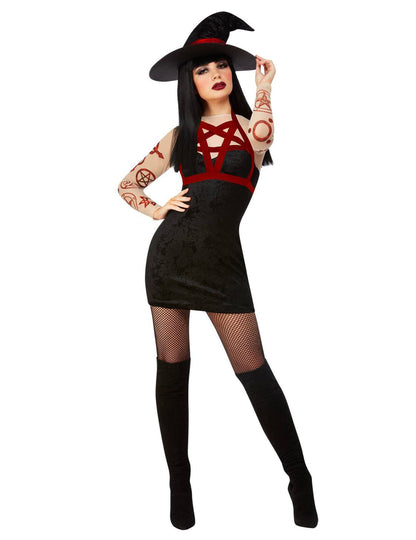 Vue de face du déguisement de sorcière satanique sexy pour femme