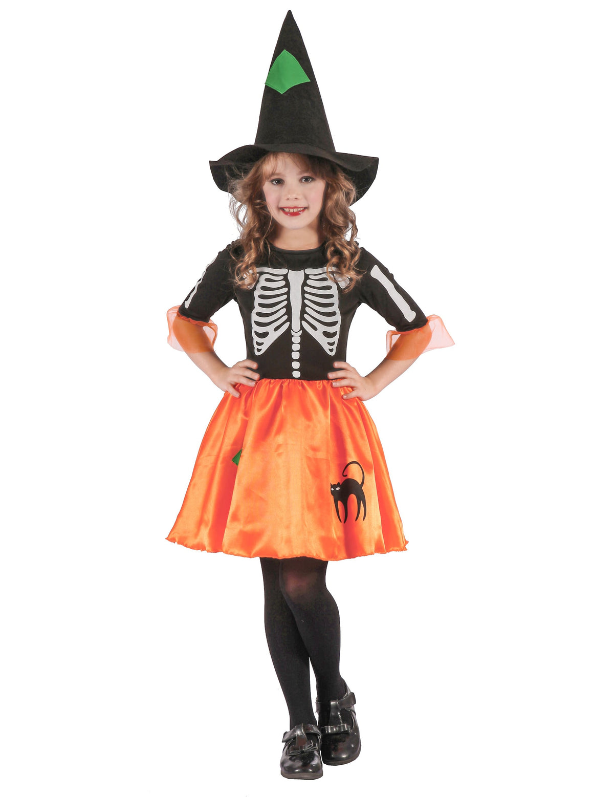 Déguisement sorcière squelette pour fille noir et orange avec chapeau et motif chat
