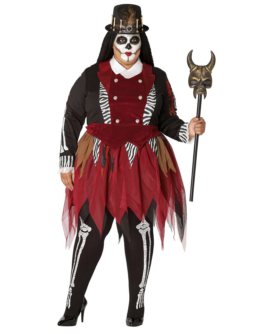 Déguisement de sorcière vaudou pour femme rouge et noir avec imprimé squelette et sceptre
