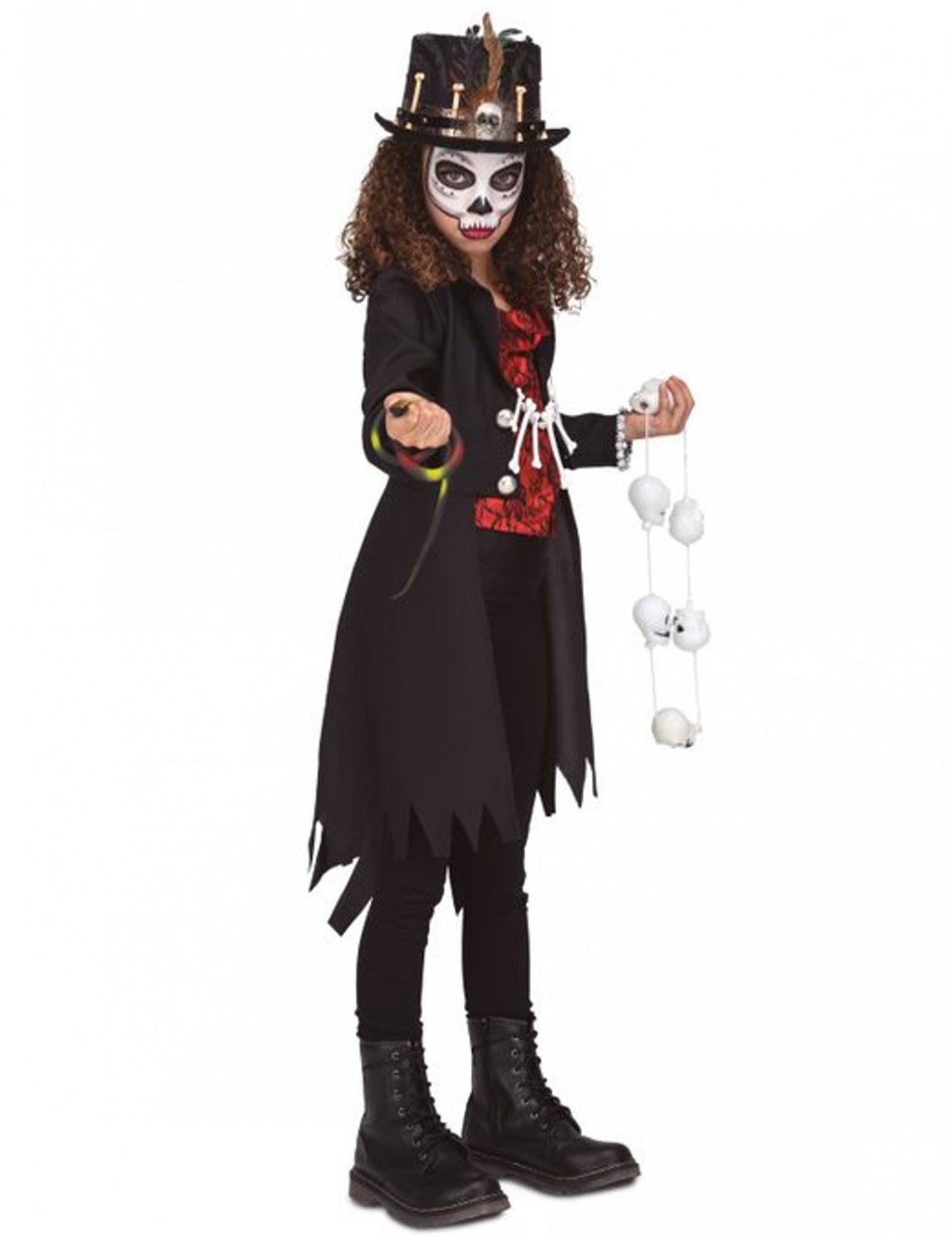 Déguisement sorcière vaudou pour fille noir et rouge avec chapeau haut-de-forme