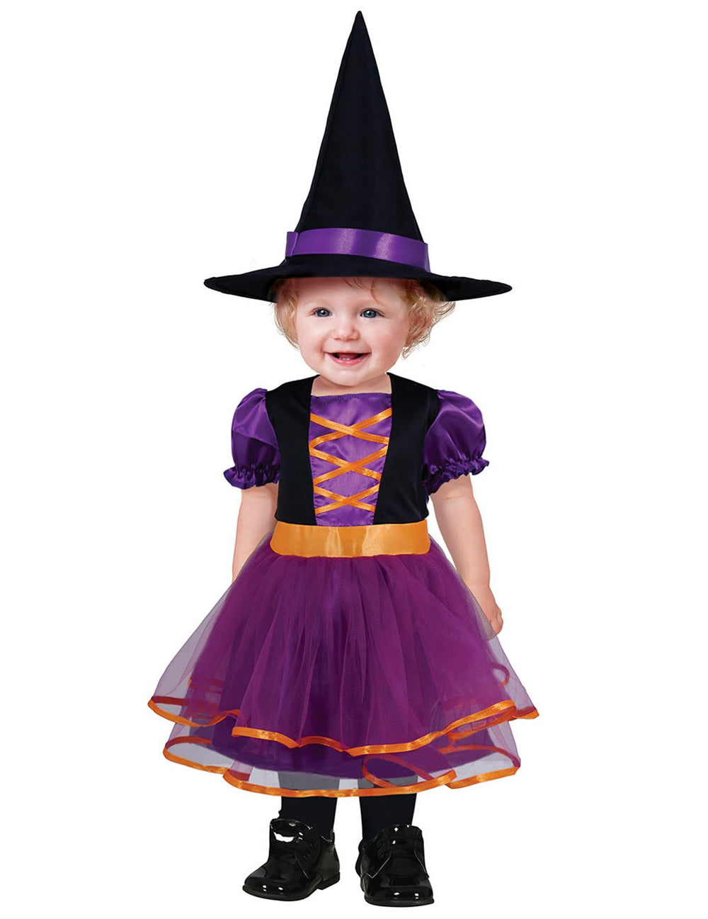 Déguisement de sorcière pour bébé violet et orange avec chapeau pointu