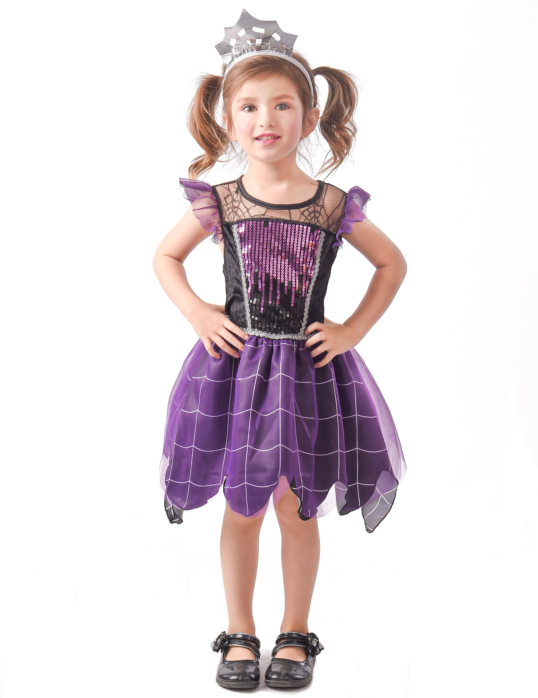 Déguisement de sorcière pour fille violet à sequins et motifs toile d'araignée