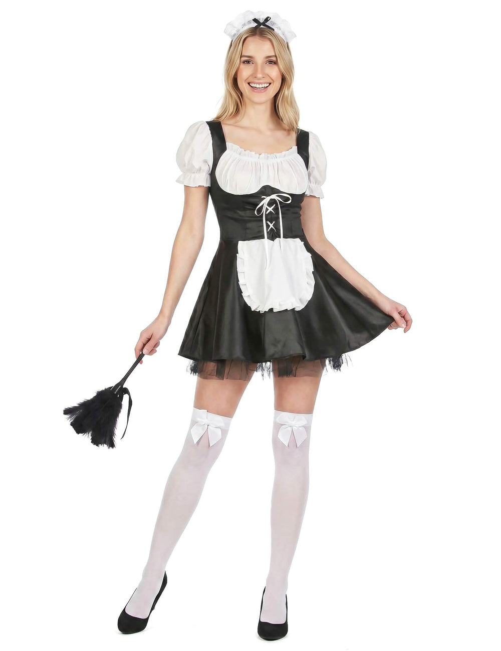 Disfarce de empregada de limpeza black and white para mulher com tiara e espanador