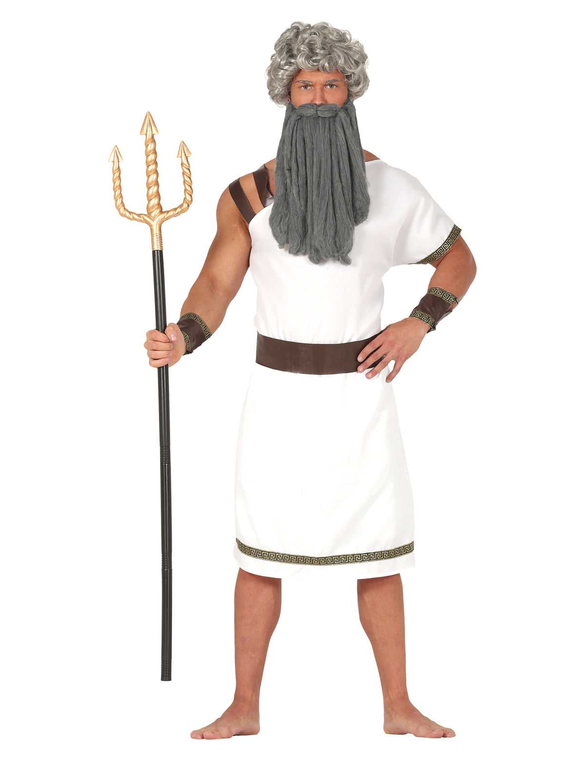 Déguisement spartan pour homme blanc avec liserés grecs et ceinture marron