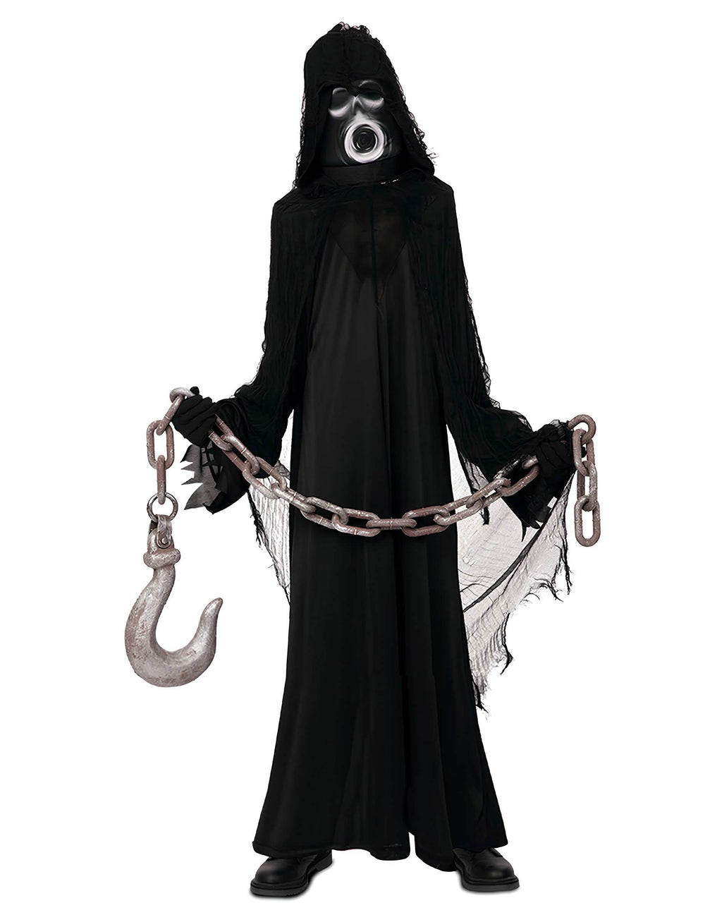 Fato de fantasma para criança preto com máscara e corrente com gancho
