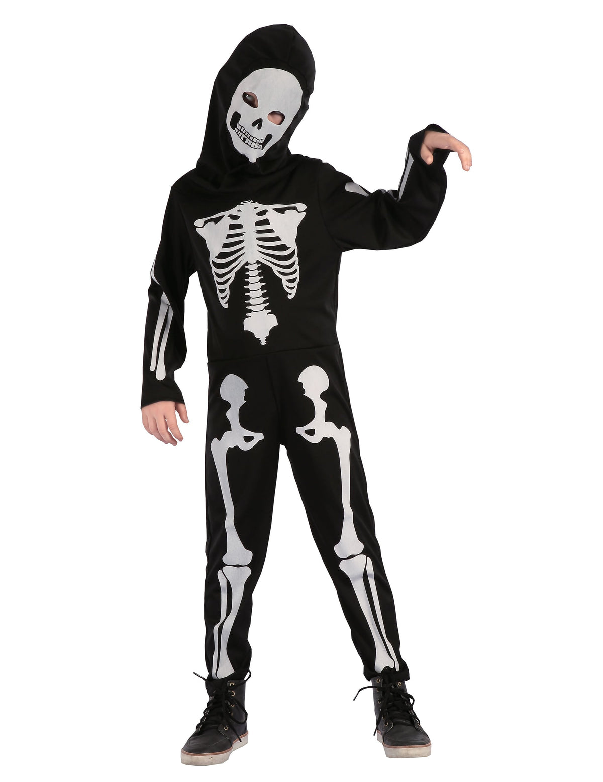 Déguisement squelette articulé pour enfant noir et blanc avec cagoule imprimée