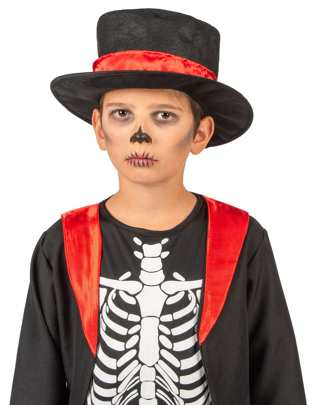 Détail du chapeau et du maquillage du déguisement de squelette chic garçon