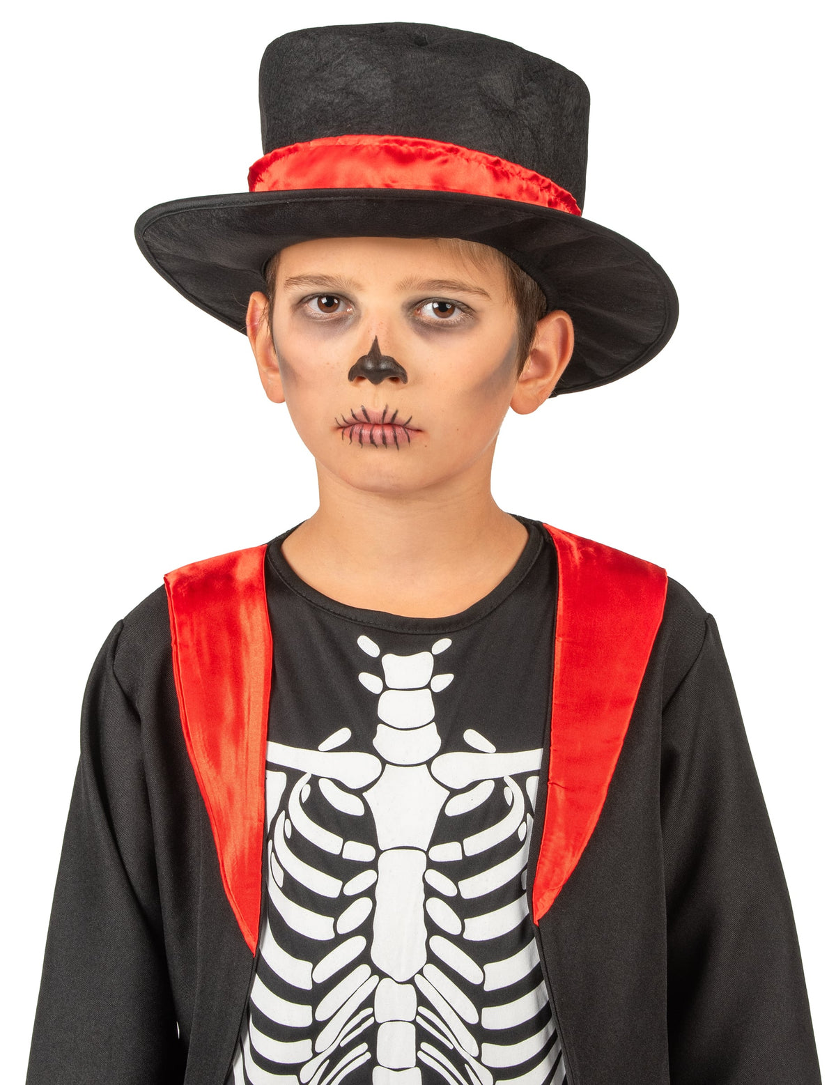 Détail du chapeau et du maquillage du déguisement de squelette chic garçon