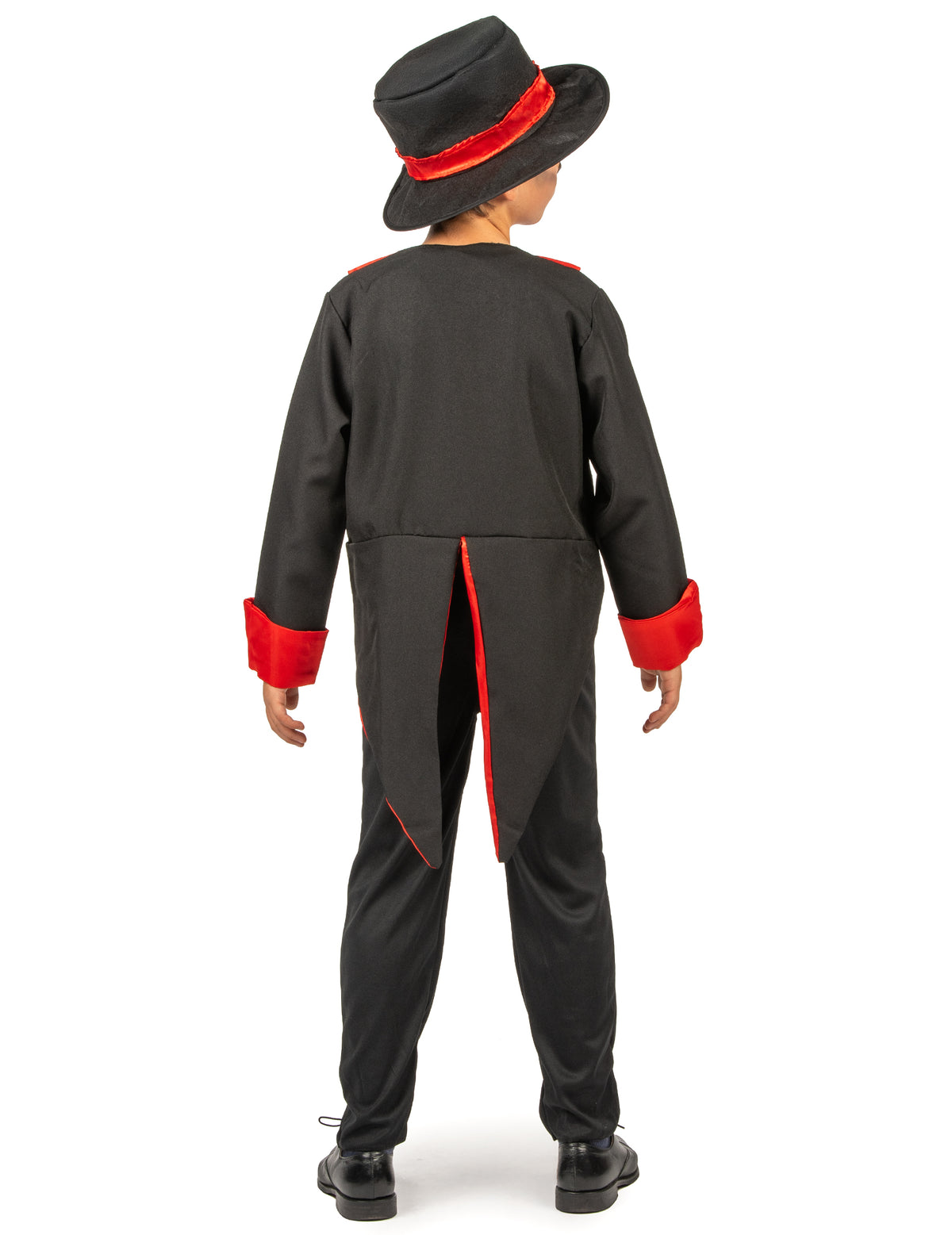 Déguisement de squelette chic pour garçon noir et rouge avec chapeau vue de dos