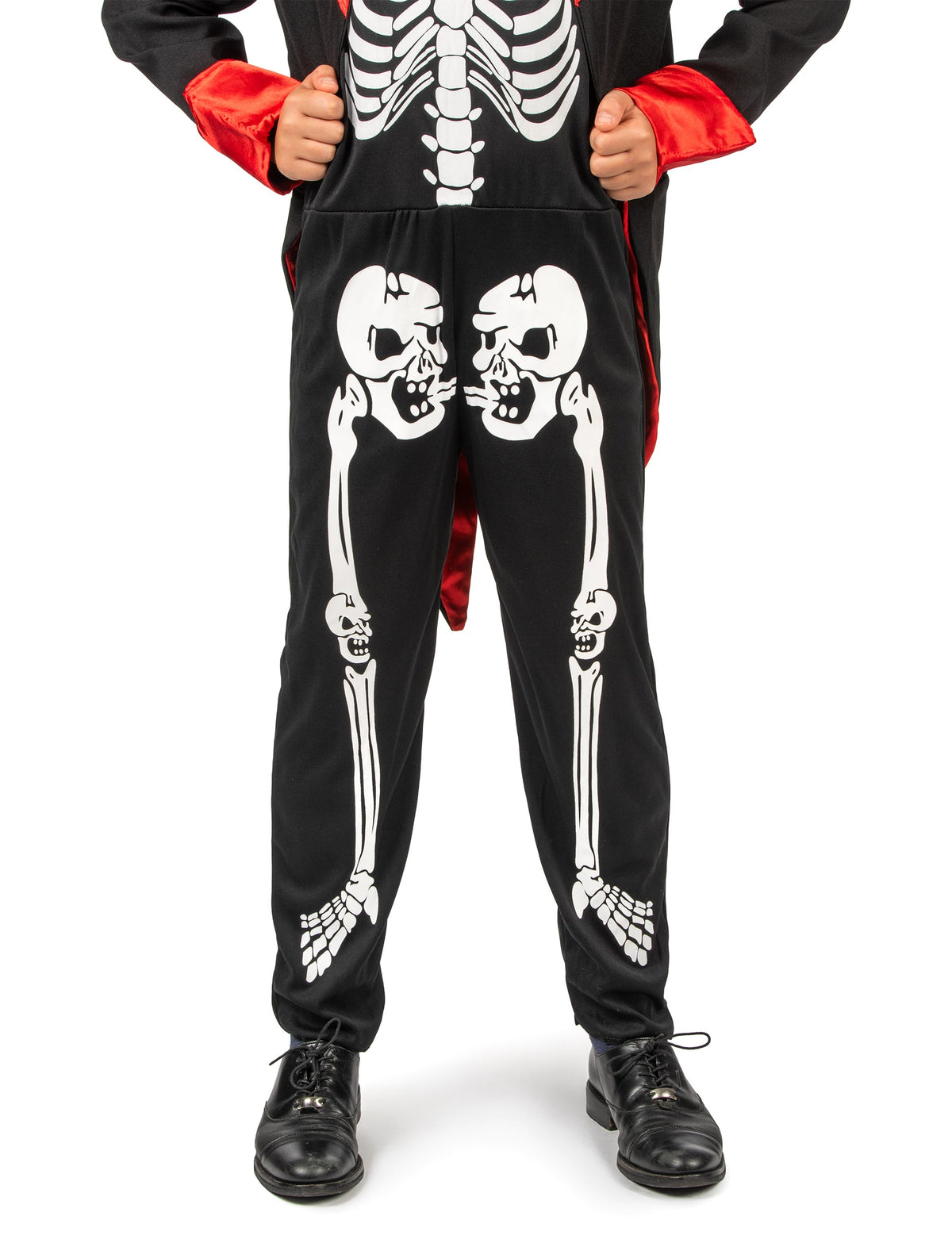 Détail du pantalon imprimé du déguisement de squelette chic