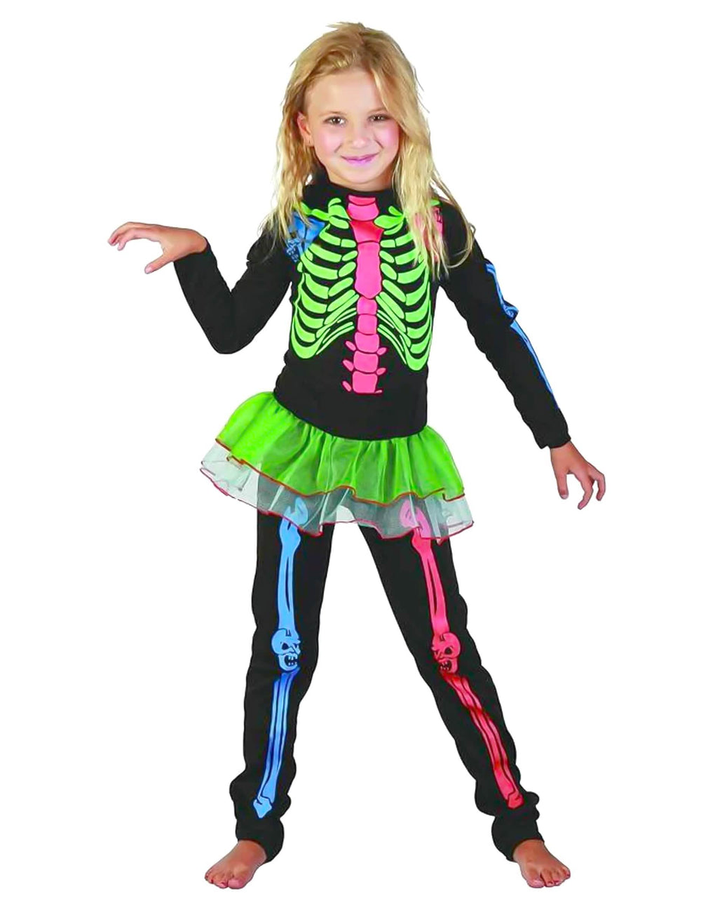 Déguisement de squelette coloré pour fille noir avec motifs néon et tutu vert