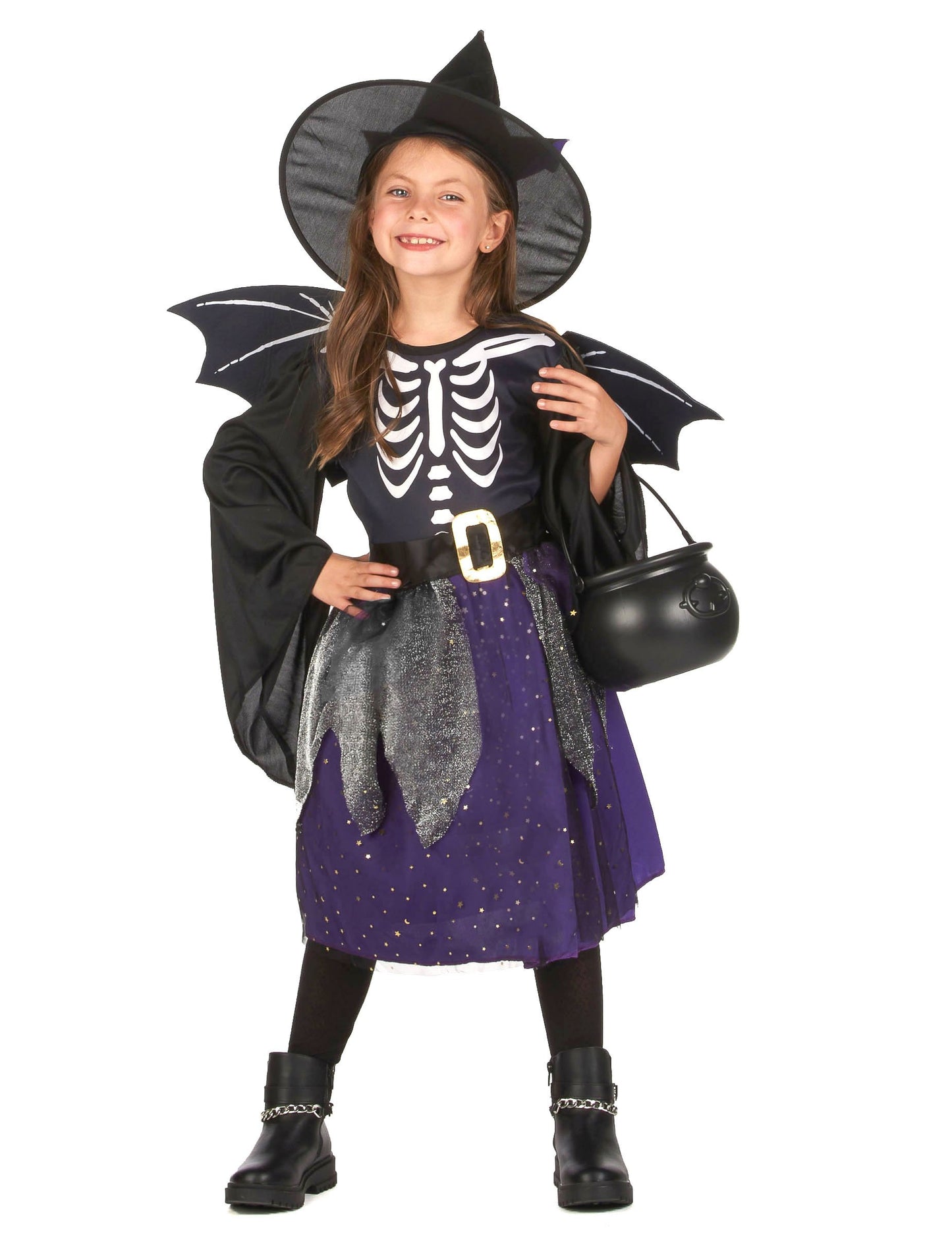Déguisement squelette de chauve-souris pour fille noir et violet avec chapeau et ailes