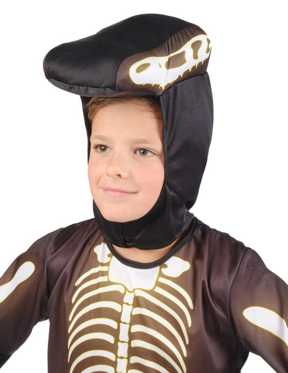 Détail de la cagoule du déguisement squelette de dinosaure