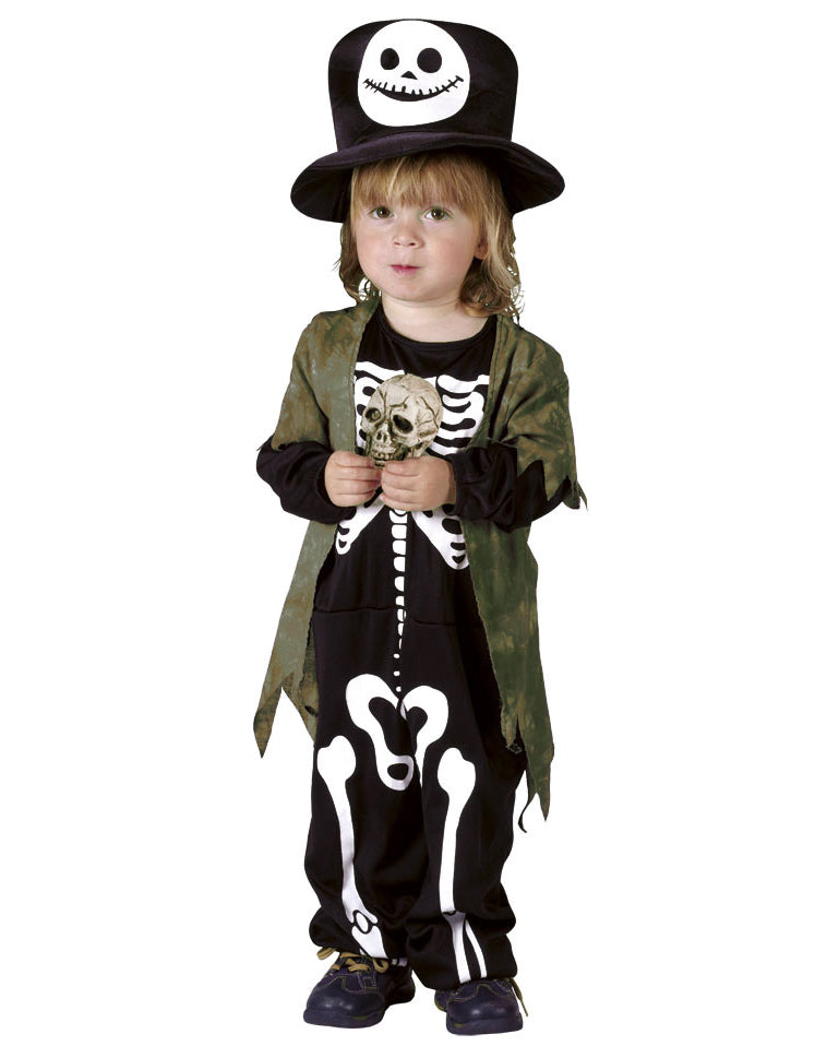 Déguisement de squelette de la nuit pour enfant noir et vert avec chapeau haut-de-forme