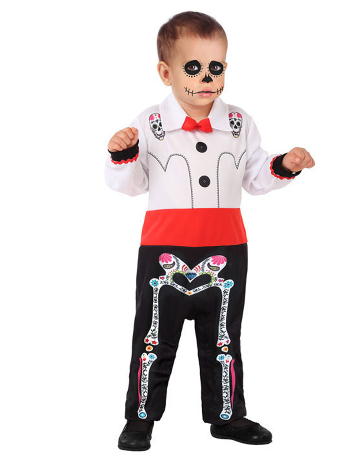 Déguisement de squelette Dia de los muertos pour bébé noir et blanc avec nœud papillon rouge