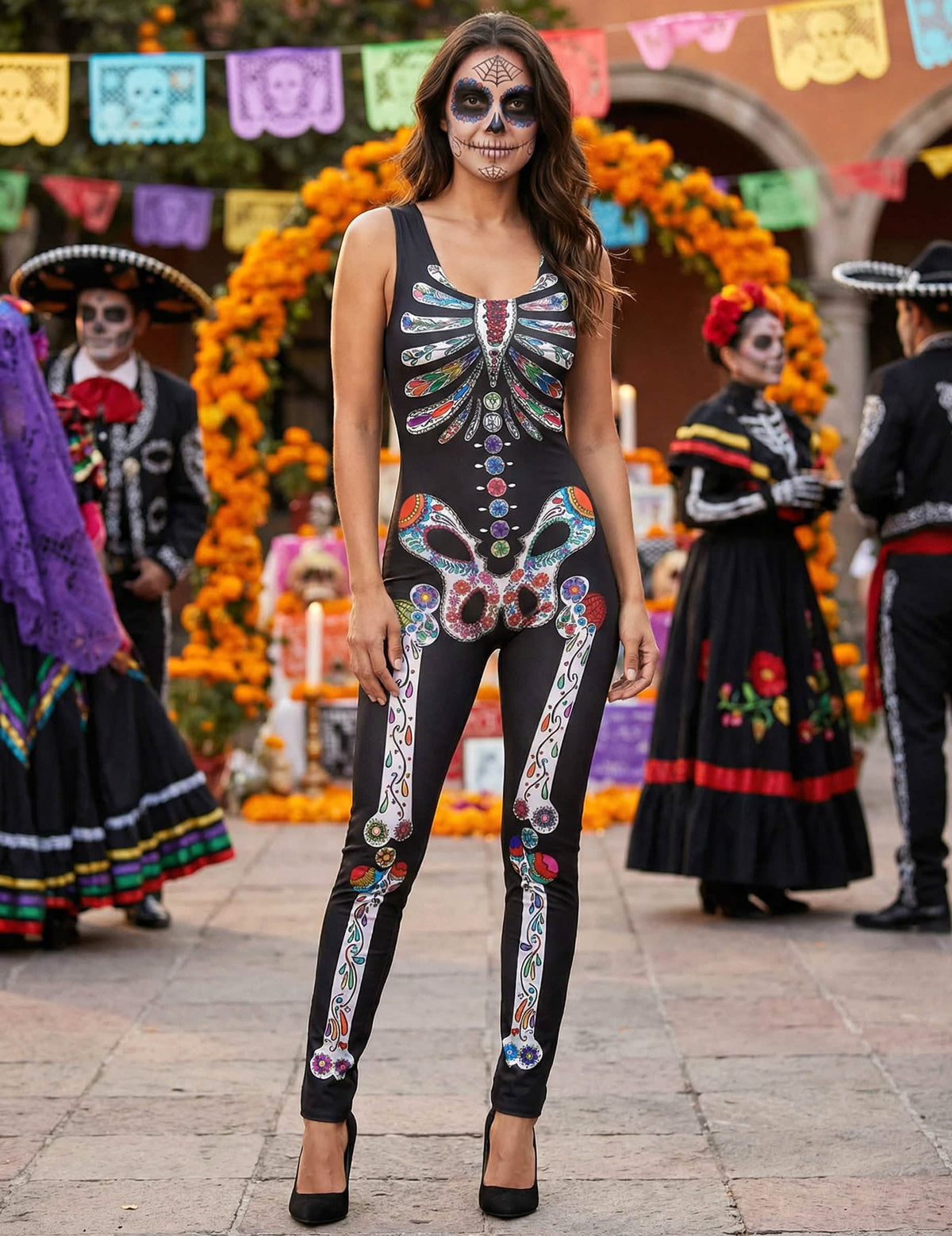 Encenação do fato de esqueleto Dia de los muertos para mulher