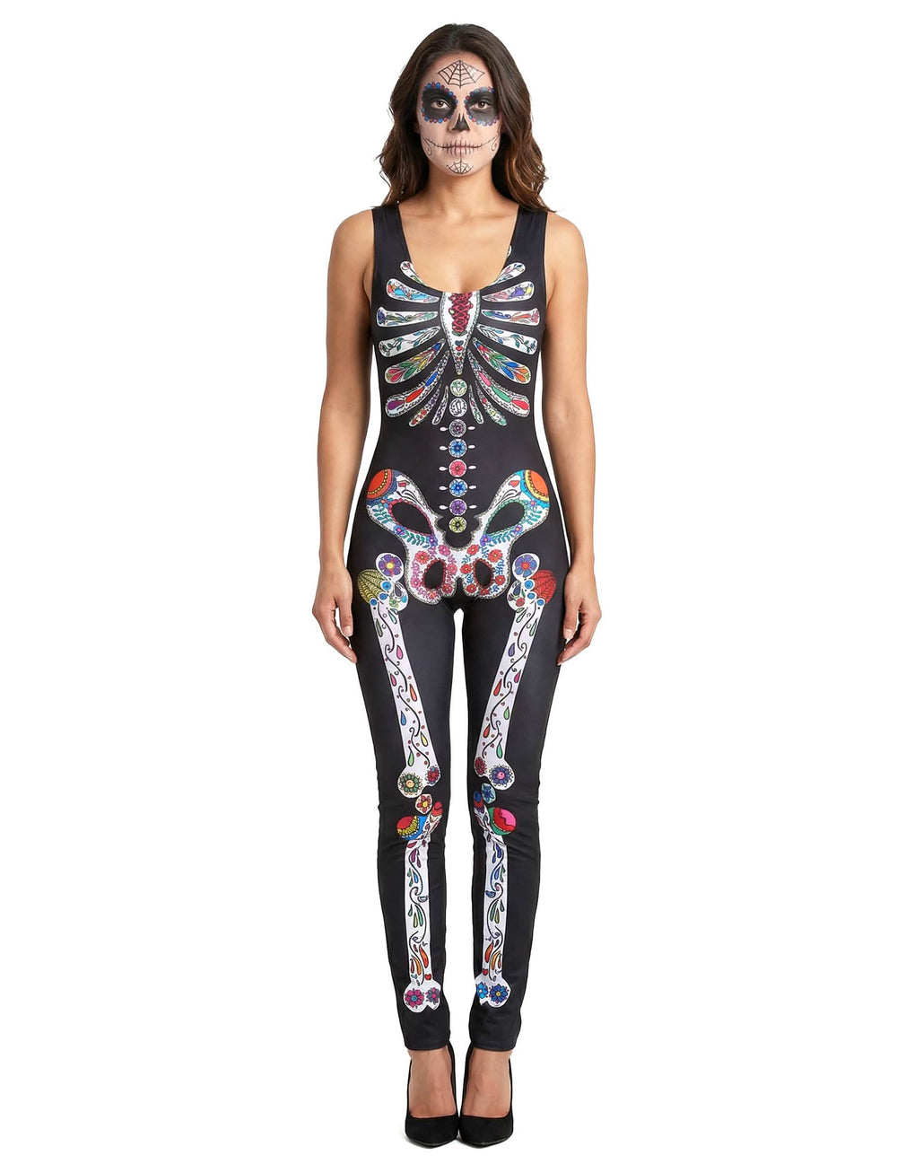 Fato de esqueleto Dia de los muertos para mulher preto com motivos coloridos