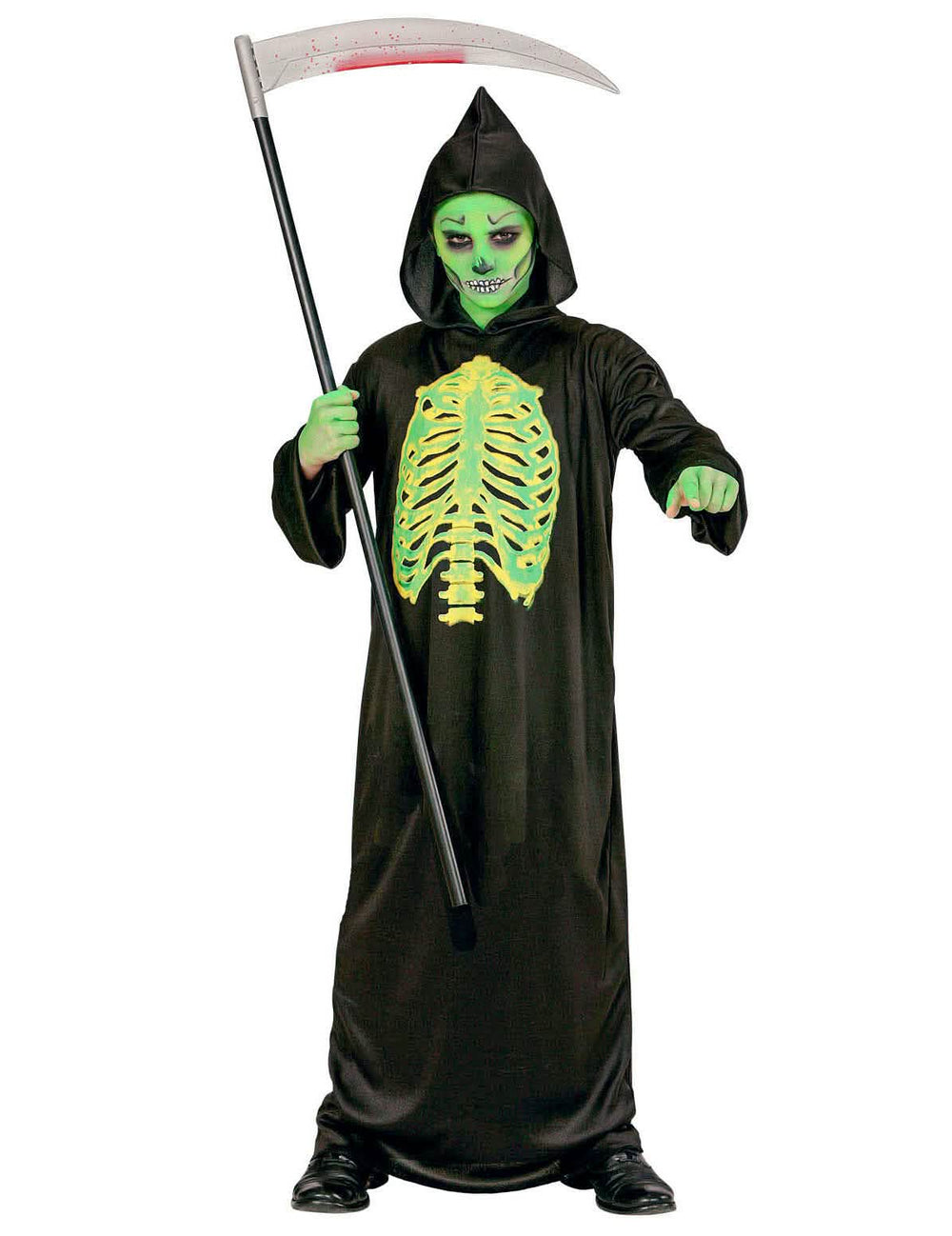 Disfarce de esqueleto esventrado halloween para criança preto e verde fluo