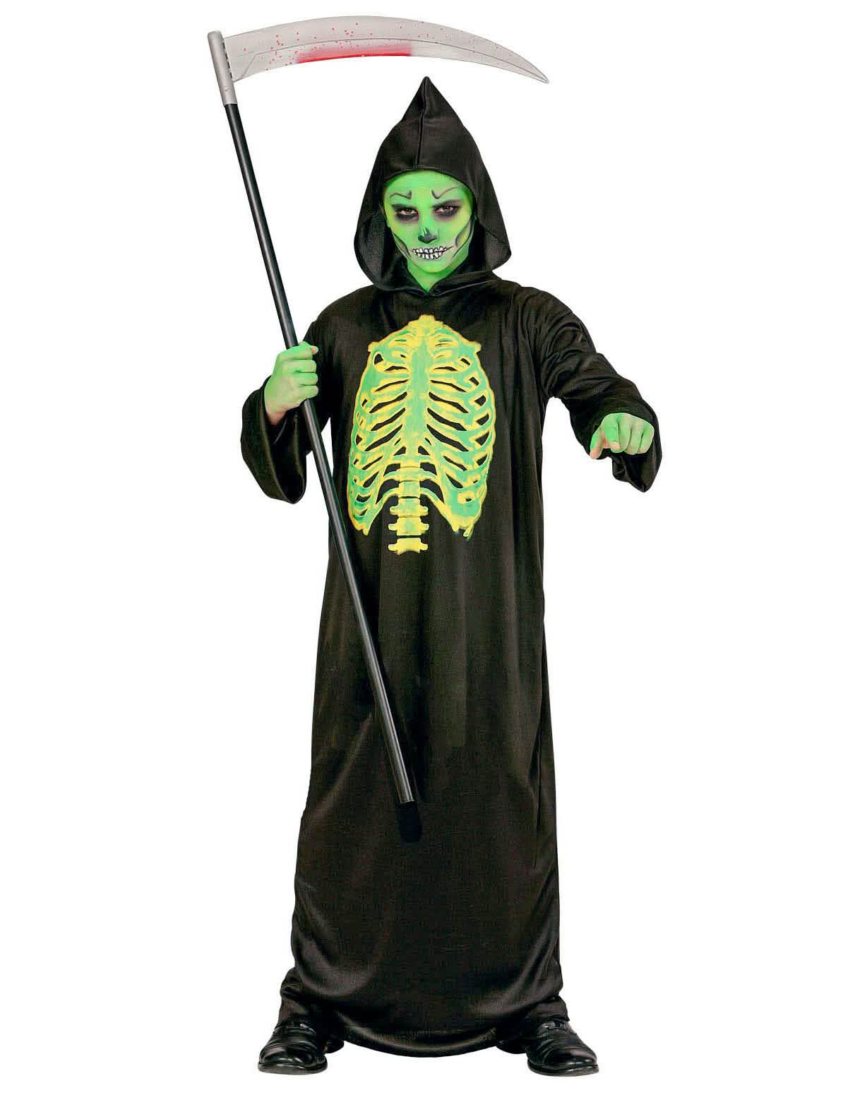 Disfarce de esqueleto esventrado halloween para criança preto e verde fluo