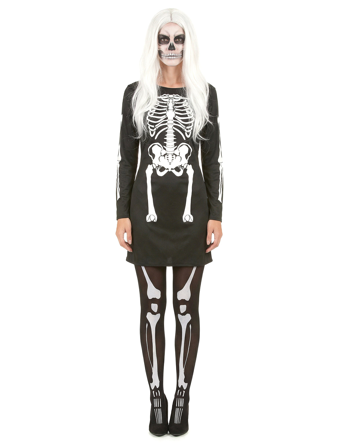 Déguisement squelette pour femme noir et blanc avec robe et collants