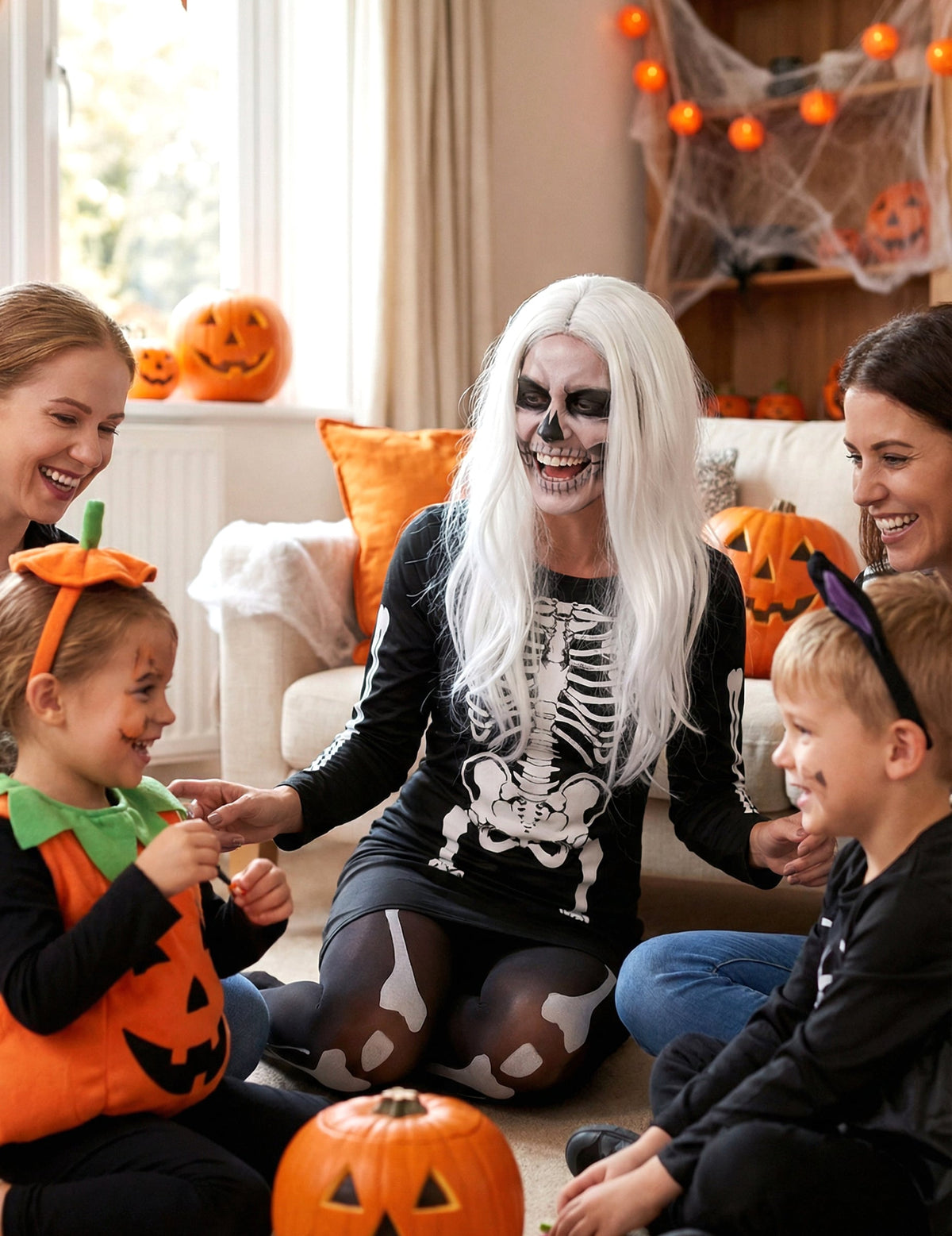 Mise en situation du déguisement squelette pour femme lors d'une fête d'Halloween