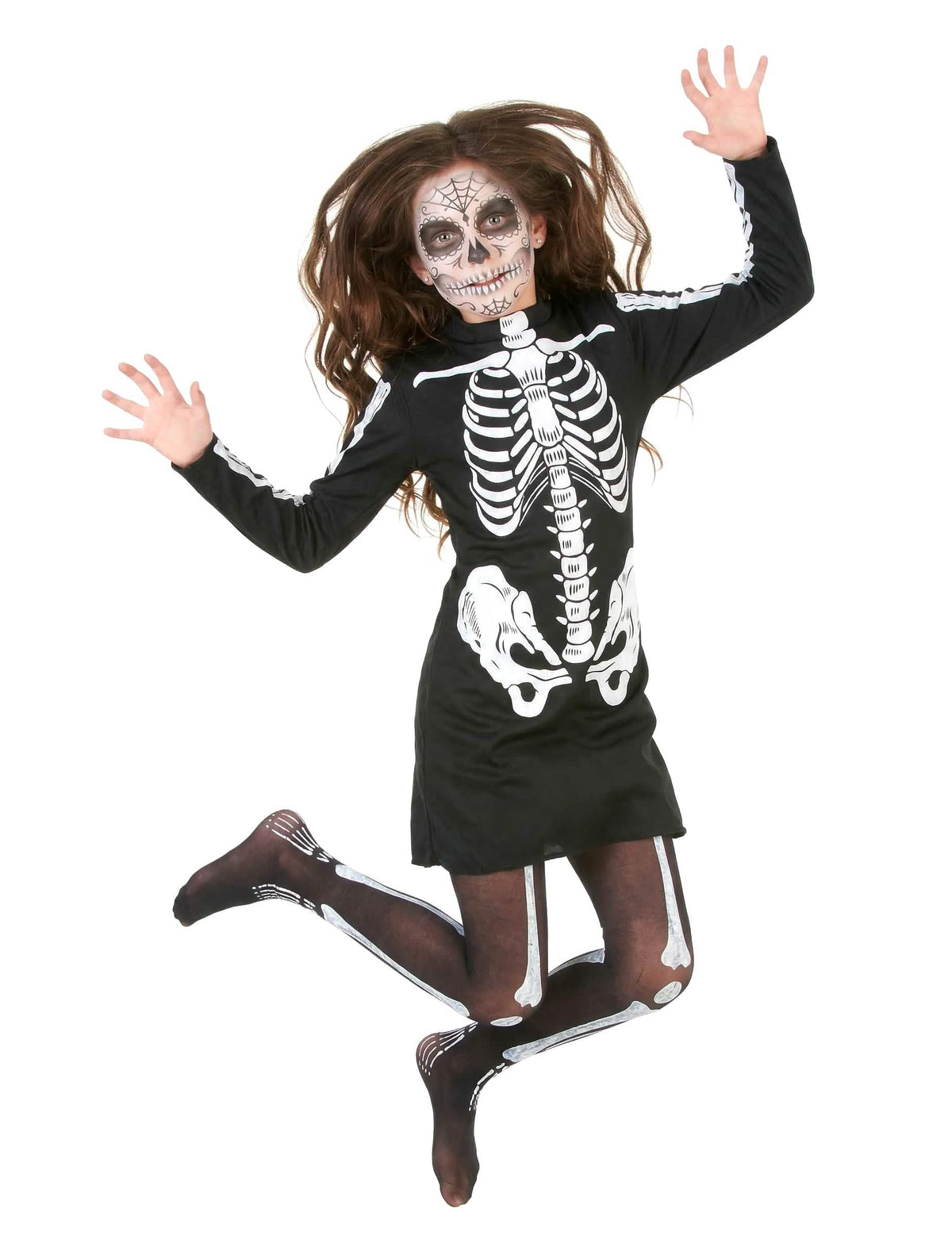 Vista geral em movimento do fato de esqueleto halloween