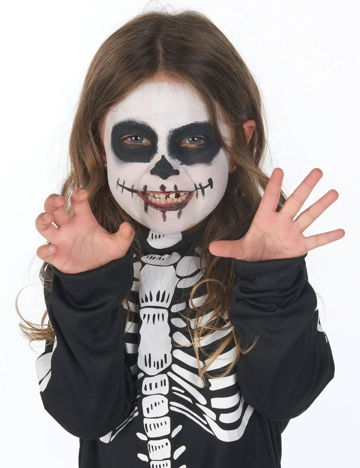 Close-up da maquilhagem do disfarce de esqueleto de halloween