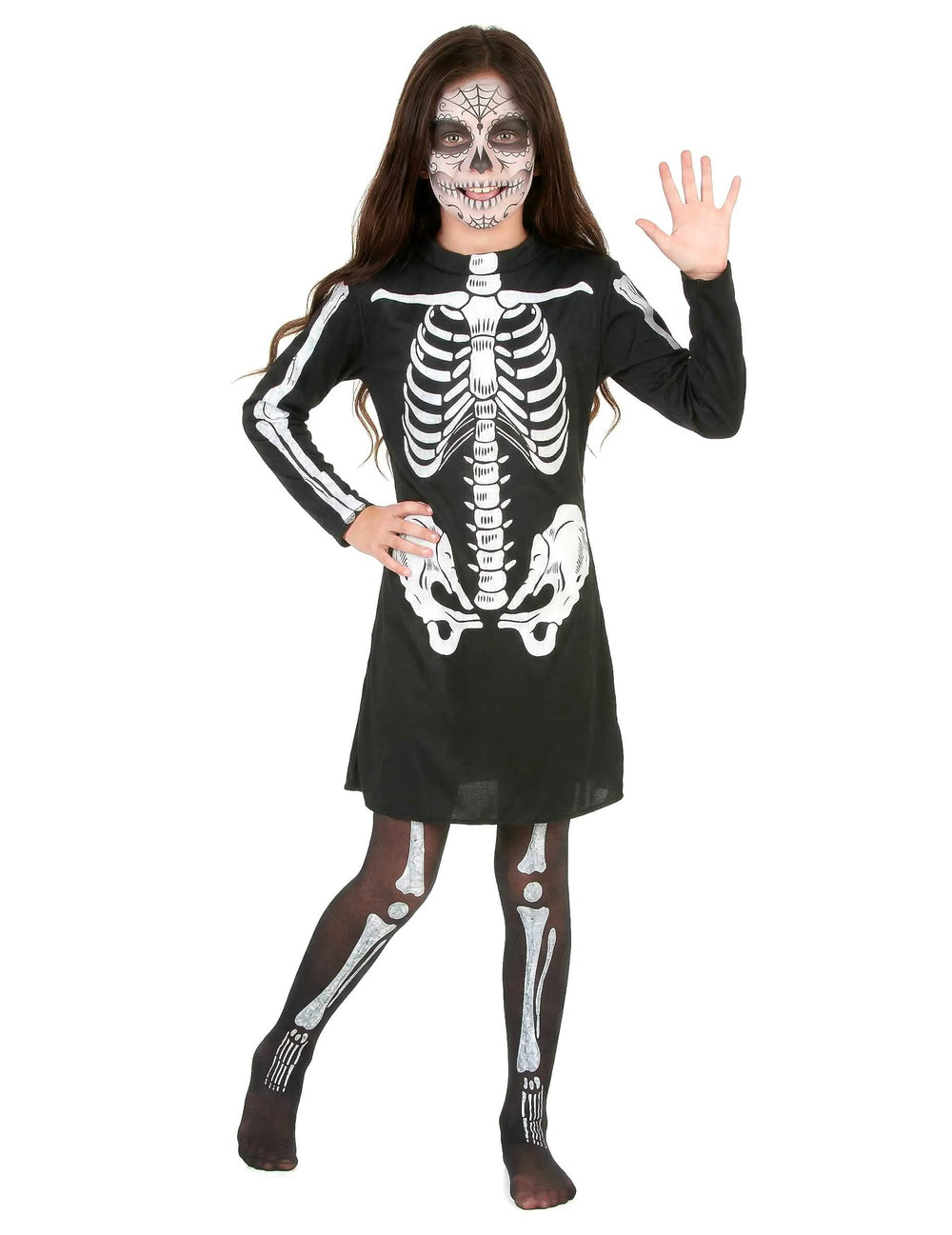Fato de halloween de esqueleto para menina, black and white, com vestido e collants