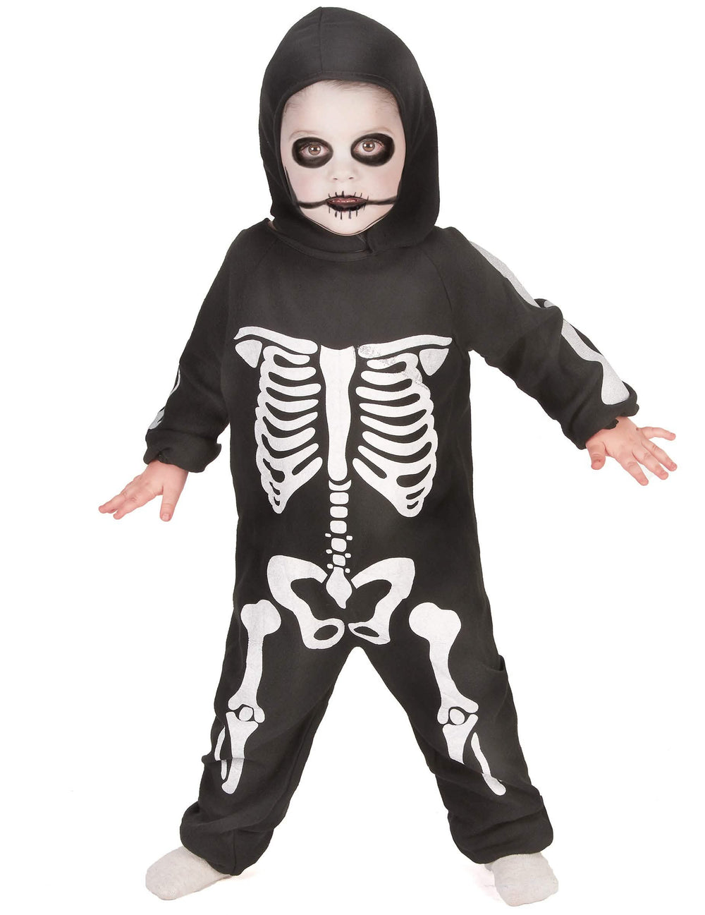 Fato completo de esqueleto para menino em black and white com capuz