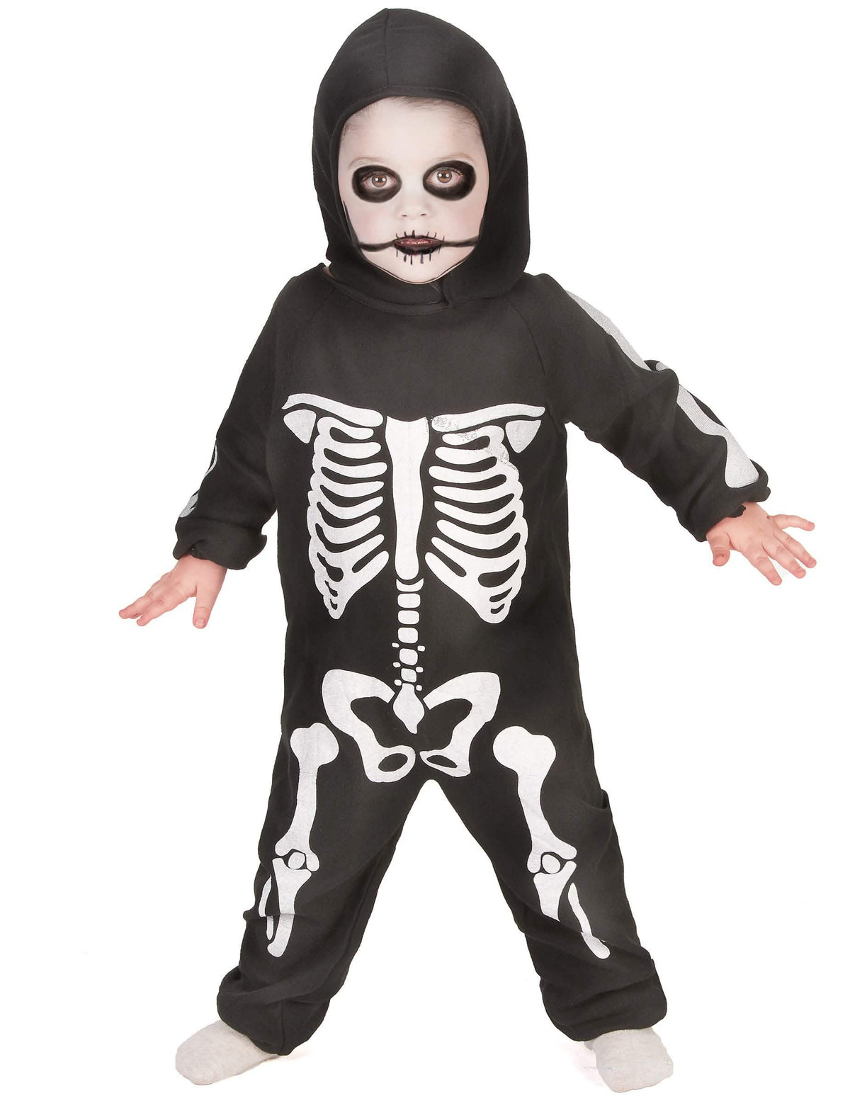 Fato completo de esqueleto para menino em black and white com capuz