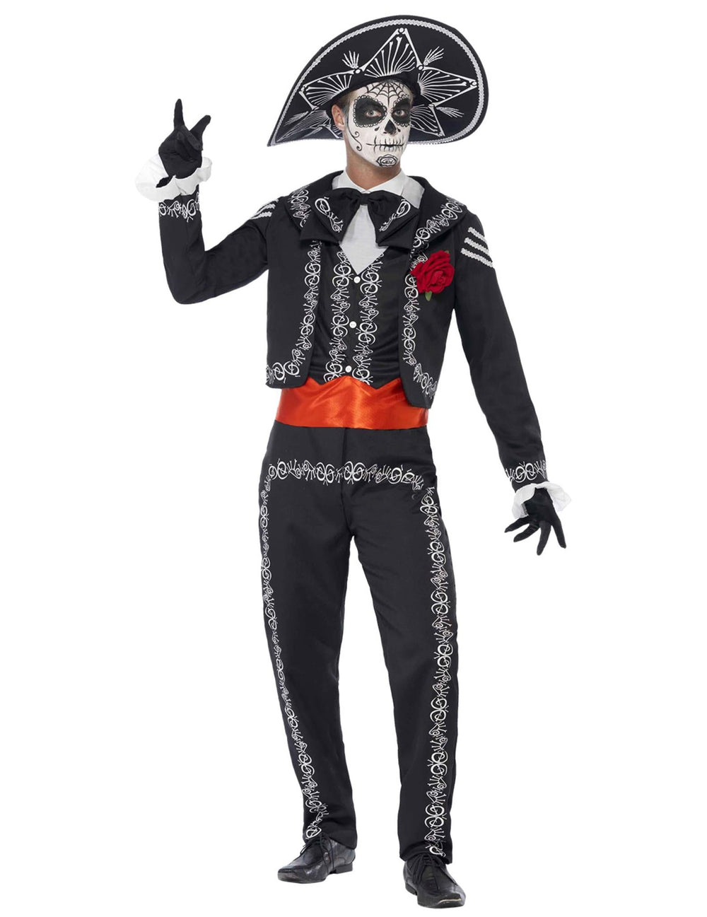 Vue de face du déguisement squelette mexicain Dia de los muertos pour homme