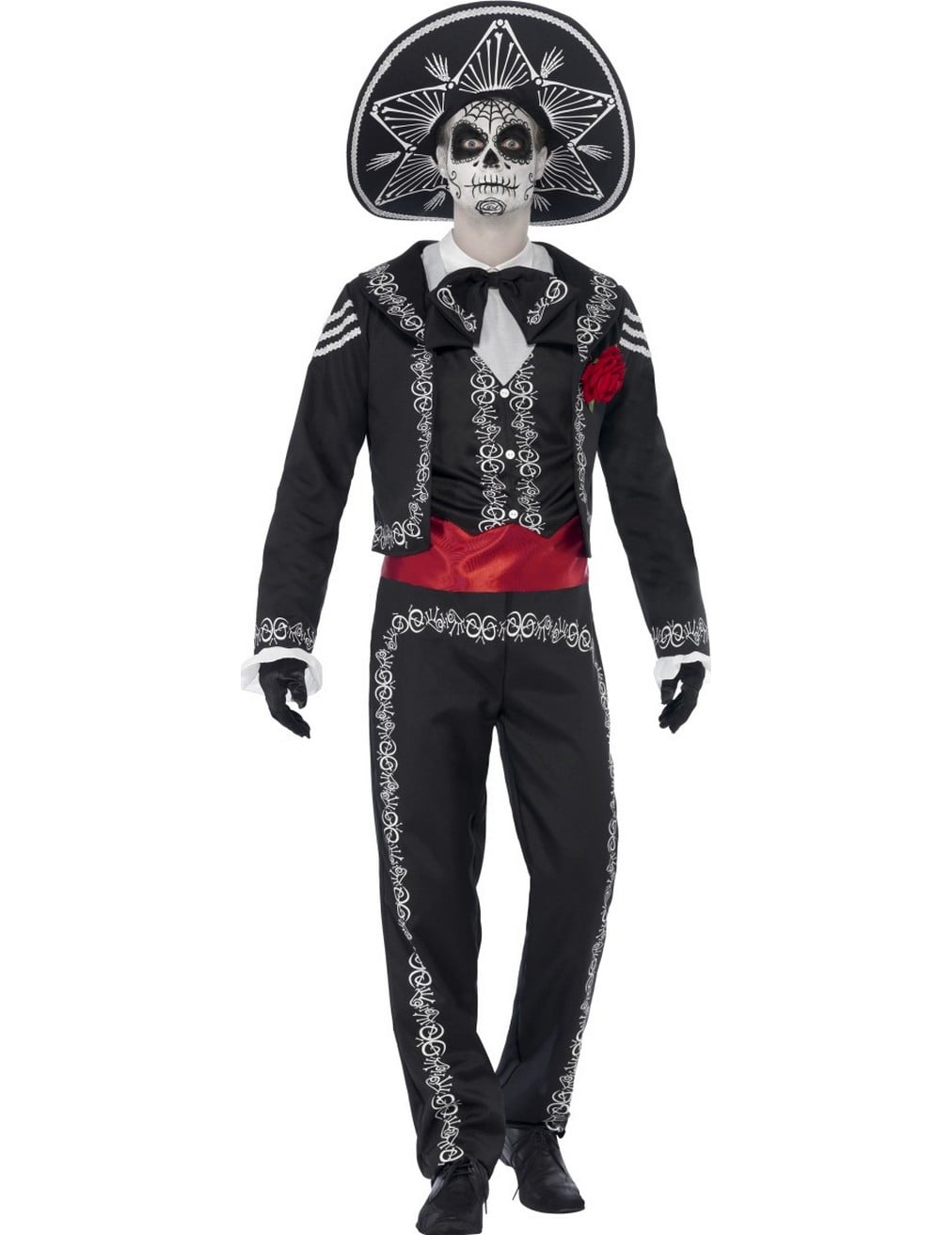 Déguisement squelette mexicain Dia de los muertos pour homme noir et blanc avec sombrero et ceinture rouge