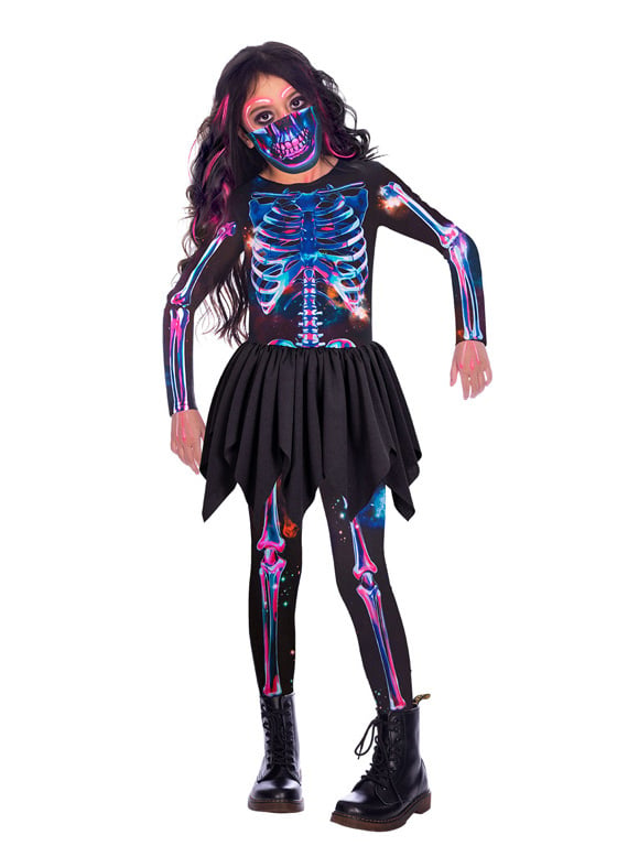 Déguisement squelette néon en tissu recyclé pour fille multicolore et noir avec masque