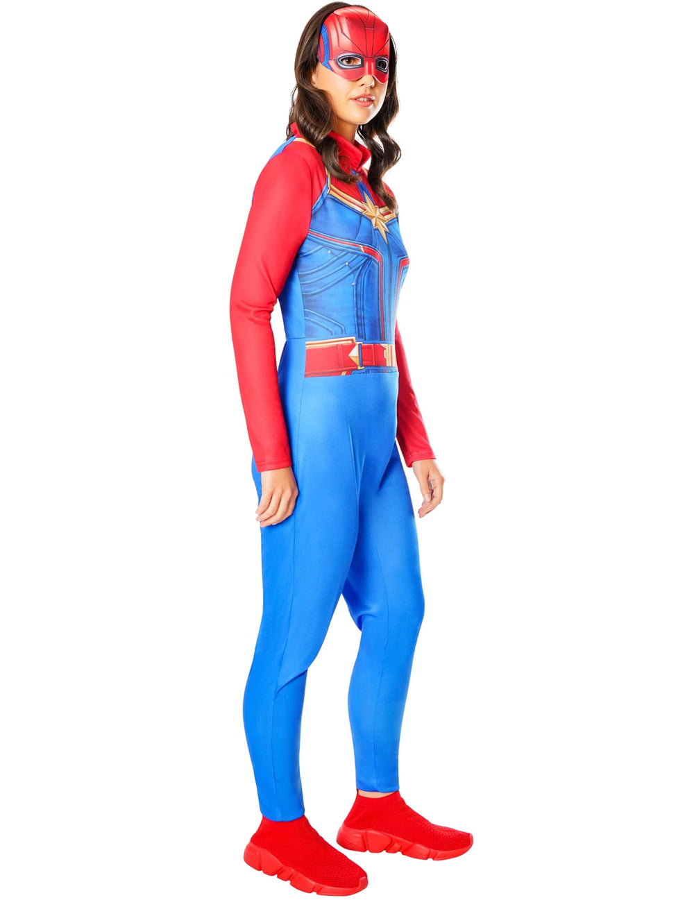 Vue de trois-quart du déguisement Captain Marvel pour femme